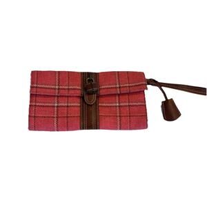 J Crew Wool Leather Plaid Pink Brown Wristlet Wallet Preppy Career Locket